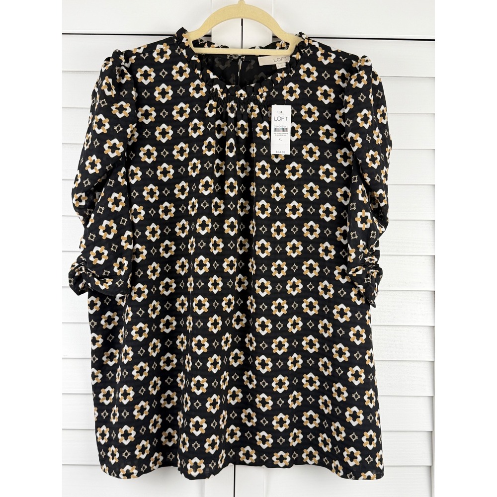 LOFT Blouse XL Black Geometric Ruffle Neck Puff Sleeve NEW